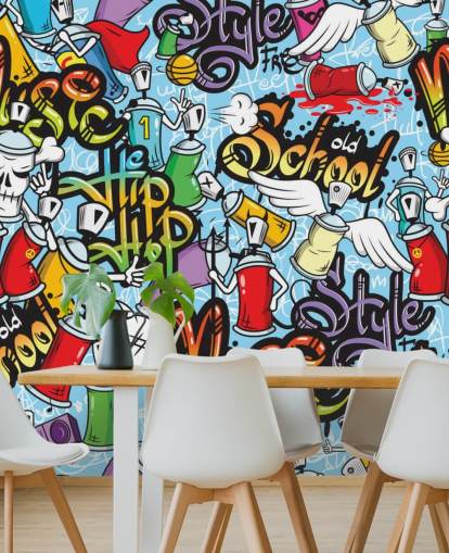 colorful graffiti wallpaper mural called Graffiti Characters Seamless Pattern for a teen's bedroom