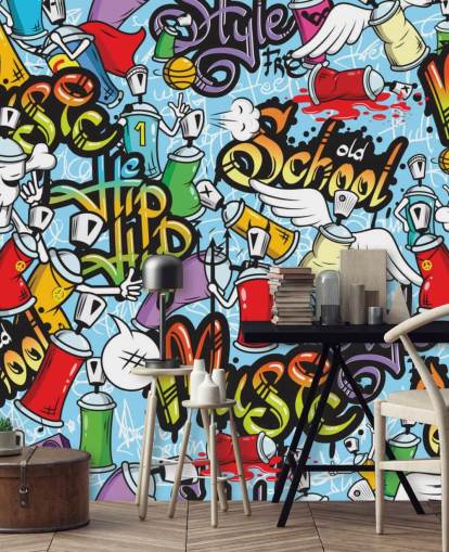 Buntes Graffiti-Tapeten-Wandbild mit dem Titel Graffiti Characters Seamless Pattern für ein Jugendzimmer