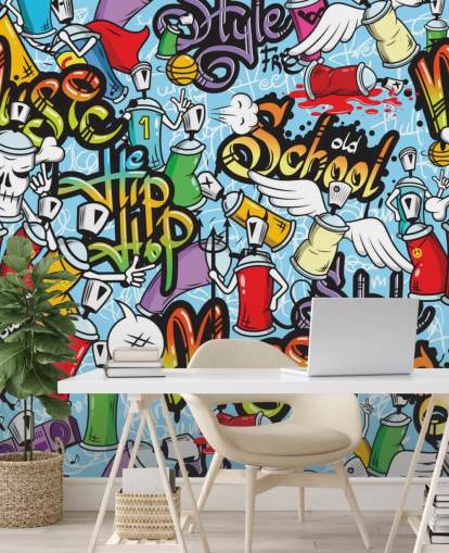 carta da parati murale colorata con graffiti chiamata Graffiti Characters Seamless Pattern per la camera da letto di un adolescente