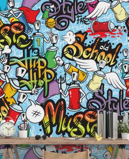 Buntes Graffiti-Tapeten-Wandbild mit dem Titel Graffiti Characters Seamless Pattern für ein Jugendzimmer Buntes Graffiti-Tapeten-Wandbild mit dem Titel Graffiti Characters Seamless Pattern für ein Jugendzimmer