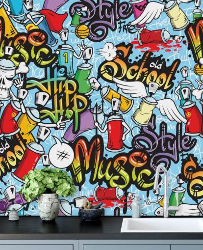 värikäs graffiti-taustakuvamaalaus nimeltä Graffiti Characters Seamless Pattern teinin makuuhuoneeseen värikäs graffiti-taustakuvamaalaus nimeltä Graffiti Characters Seamless Pattern teinin makuuhuoneeseen