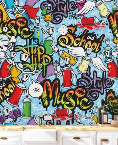 värikäs graffiti-taustakuvamaalaus nimeltä Graffiti Characters Seamless Pattern teinin makuuhuoneeseen