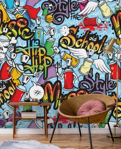 carta da parati murale colorata con graffiti chiamata Graffiti Characters Seamless Pattern per la camera da letto di un adolescente