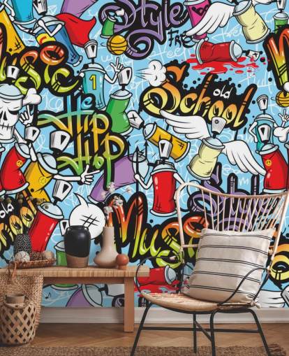 colorful graffiti wallpaper mural called Graffiti Characters Seamless Pattern for a teen's bedroom