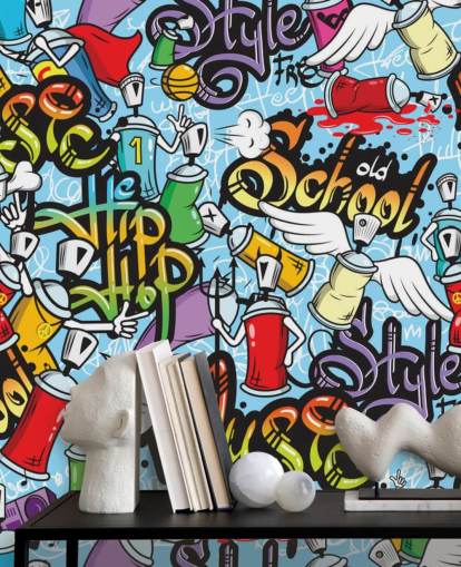 kleurrijke graffitibehangmuurschildering genaamd Graffiti Characters Seamless Pattern voor een tienerkamer