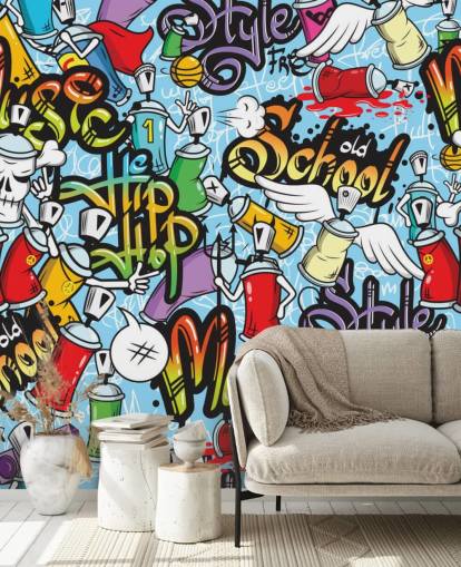 colorful graffiti wallpaper mural called Graffiti Characters Seamless Pattern for a teen's bedroom