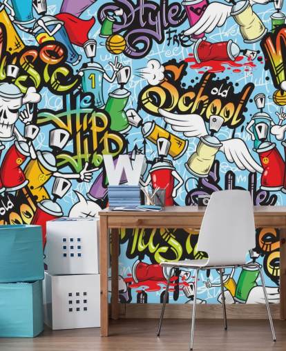 farverigt graffiti tapetmaleri kaldet Graffiti Characters Seamless Pattern til en teenagers soveværelse