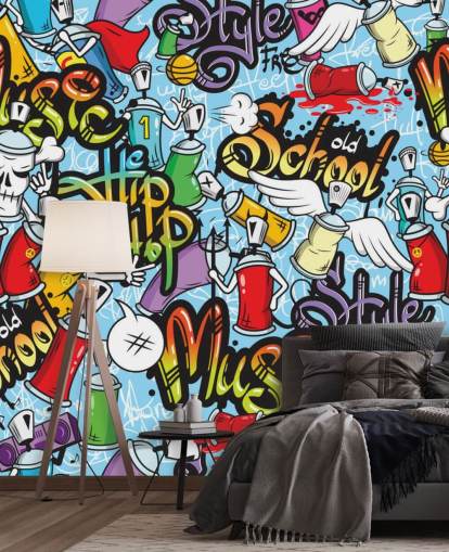 colorido mural de papel pintado de grafiti llamado Graffiti Characters Seamless Pattern para el dormitorio de un adolescente