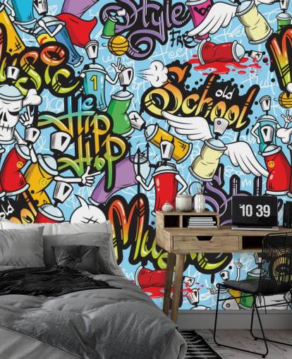 färgglad graffiti tapetväggmålning kallad Graffiti Characters Seamless Pattern för en tonårs sovrum färgglad graffiti tapetväggmålning kallad Graffiti Characters Seamless Pattern för en tonårs sovrum