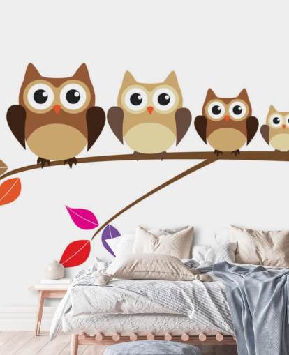 Cartoon Owl Family on Branch Wall Mural Cartoon Owl Family on Branch Wall Mural
