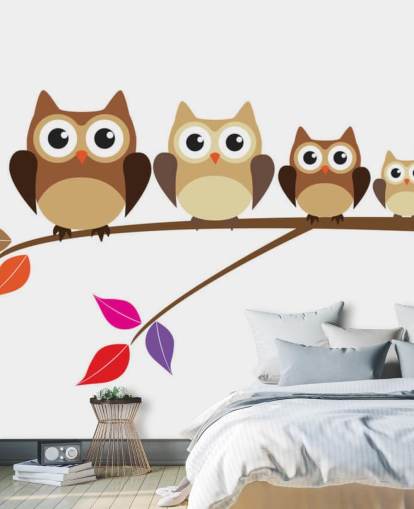 Decorazione murale con famiglia di gufi su ramo