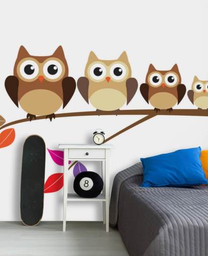 Cartoon Owl Family on Branch Wall Mural Cartoon Owl Family on Branch Wall Mural