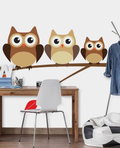 Cartoon Owl Family on Branch Wall Mural