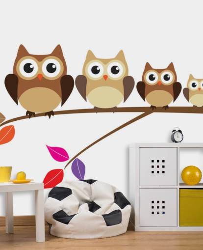 Cartoon Owl Family on Branch Wall Mural