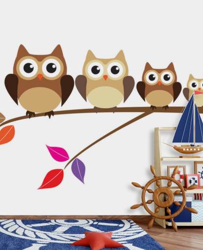 Cartoon Owl Family on Branch Wall Mural Cartoon Owl Family on Branch Wall Mural