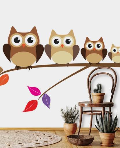 Decorazione murale con famiglia di gufi su ramo