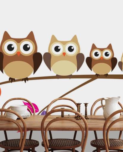 Cartoon Owl Family on Branch Wall Mural Cartoon Owl Family on Branch Wall Mural