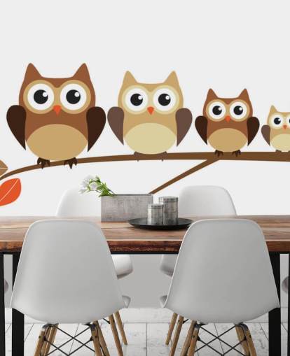 Cartoon Owl Family on Branch Wall Mural