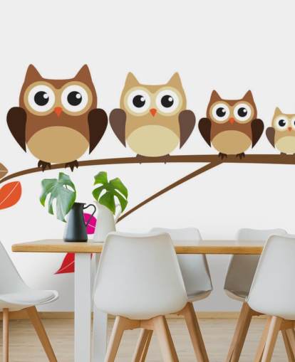 Cartoon Owl Family on Branch Wall Mural