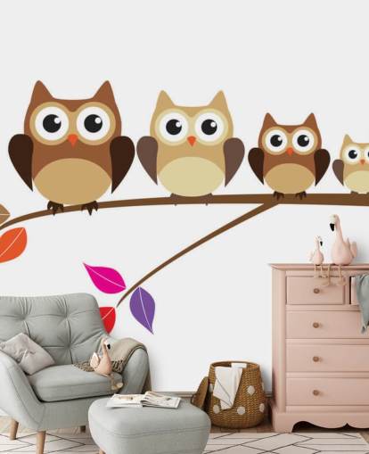 Cartoon Uil Familie op tak muurschildering