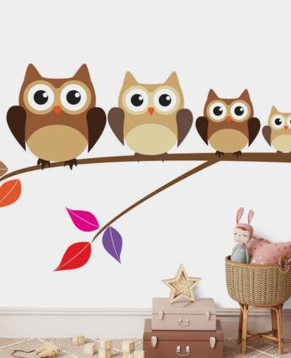 Decorazione murale con famiglia di gufi su ramo