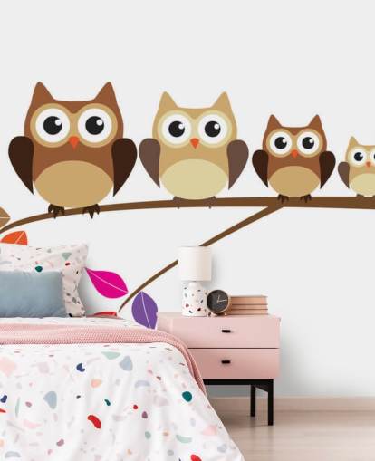 Cartoon Owl Family on Branch Wall Mural