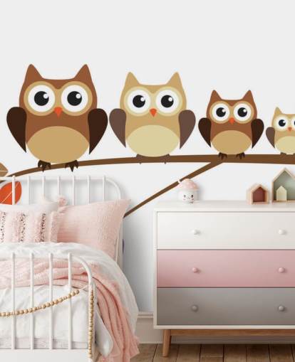 Cartoon Uil Familie op tak muurschildering