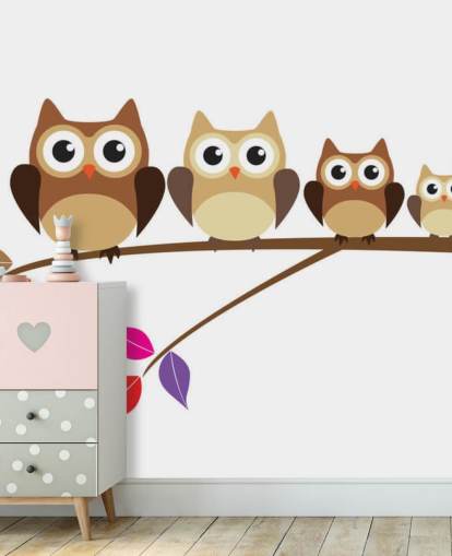 Decorazione murale con famiglia di gufi su ramo