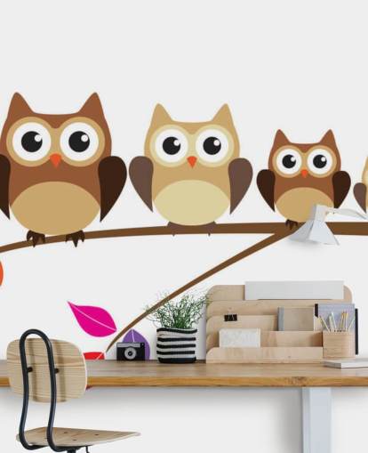 Decorazione murale con famiglia di gufi su ramo