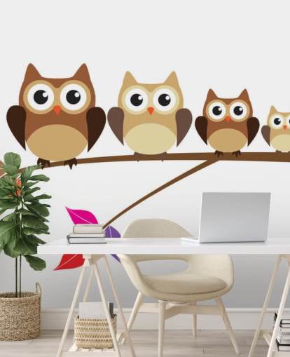 Cartoon Owl Family on Branch Wall Mural