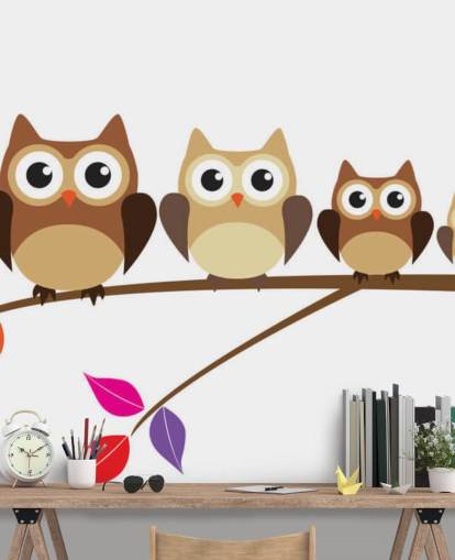 Cartoon Owl Family on Branch Wall Mural