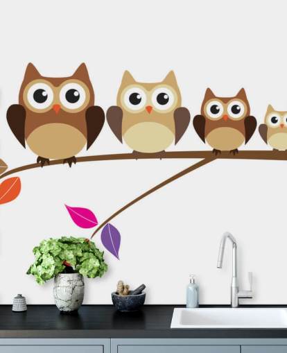 Cartoon Owl Family on Branch Wall Mural