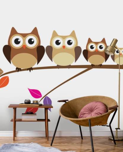 Cartoon Owl Family on Branch Wall Mural Cartoon Owl Family on Branch Wall Mural