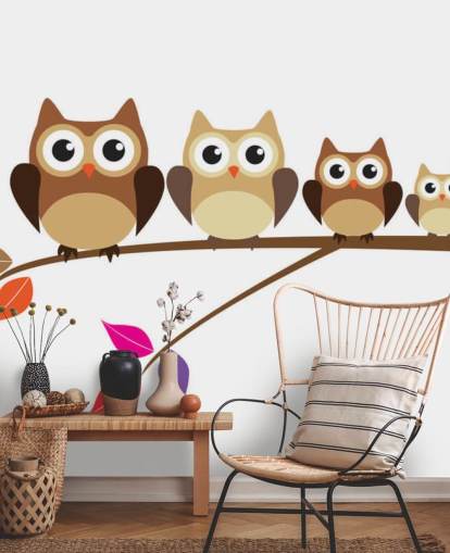Cartoon Owl Family on Branch Wall Mural Cartoon Owl Family on Branch Wall Mural