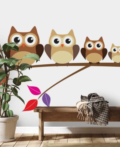 Cartoon Owl Family on Branch Wall Mural Cartoon Owl Family on Branch Wall Mural