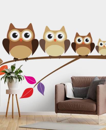 Cartoon Uil Familie op tak muurschildering Cartoon Uil Familie op tak muurschildering