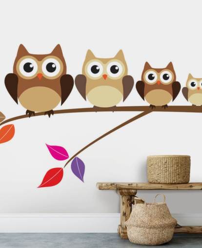 Cartoon Owl Family on Branch Wall Mural Cartoon Owl Family on Branch Wall Mural