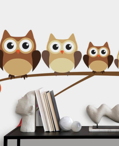 Cartoon Owl Family on Branch Wall Mural