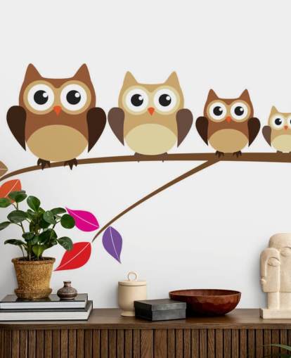 Mural de pared Familia de búhos en rama Mural de pared Familia de búhos en rama