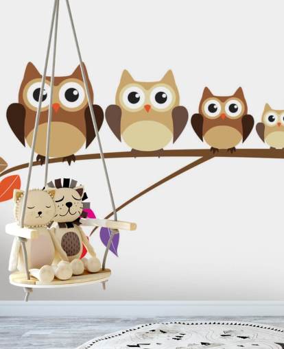 Cartoon Owl Family on Branch Wall Mural
