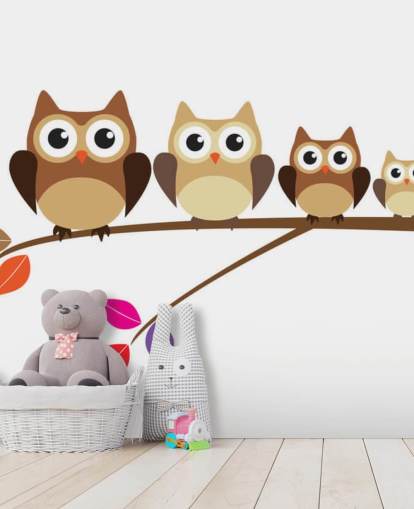 Cartoon Uil Familie op tak muurschildering Cartoon Uil Familie op tak muurschildering