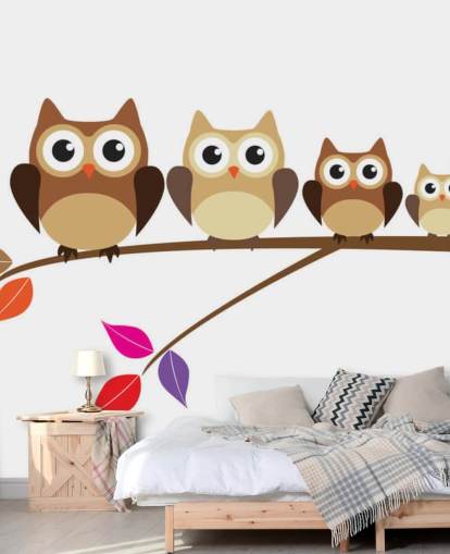 Cartoon Owl Family on Branch Wall Mural