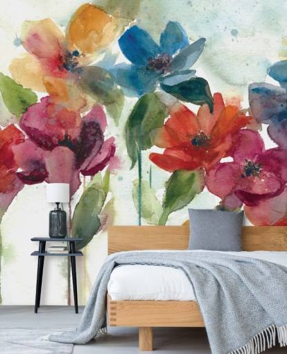 papier peint mural floral personnalisable rouge, orange et bleu appelé Flower Dance par Carol Robinson pour le salon