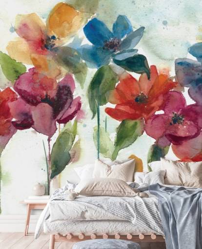 mural de papel de parede floral personalizável vermelho, laranja e azul chamado Flower Dance, de Carol Robinson, para sala de estar