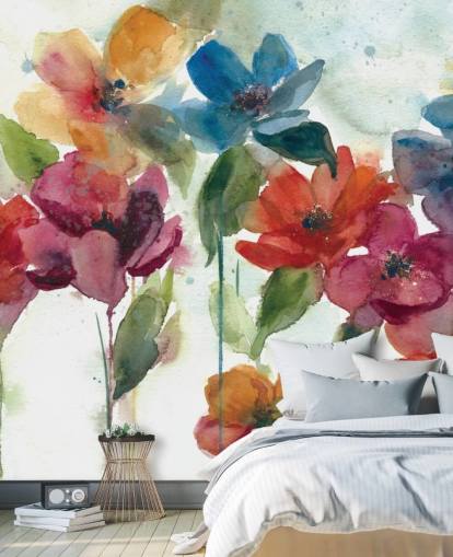 Personalisierbare Blumentapete in Rot, Orange und Blau namens Flower Dance von Carol Robinson für das Wohnzimmer Personalisierbare Blumentapete in Rot, Orange und Blau namens Flower Dance von Carol Robinson für das Wohnzimmer