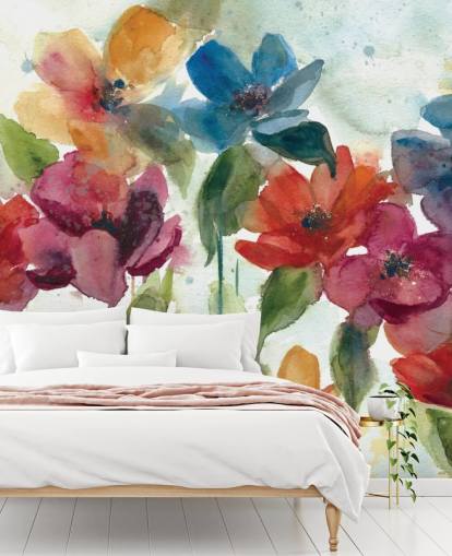 roodoranje en blauwe aanpasbare bloemenbehangmuurschildering genaamd Flower Dance van Carol Robinson voor de woonkamer