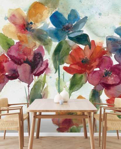 röd orange och blå anpassningsbar blommig tapetväggmålning kallad Flower Dance av Carol Robinson för vardagsrummet