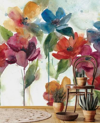 Personalisierbare Blumentapete in Rot, Orange und Blau namens Flower Dance von Carol Robinson für das Wohnzimmer