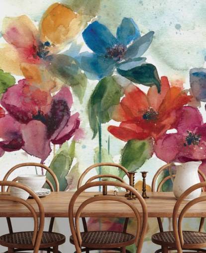 papier peint mural floral personnalisable rouge, orange et bleu appelé Flower Dance par Carol Robinson pour le salon