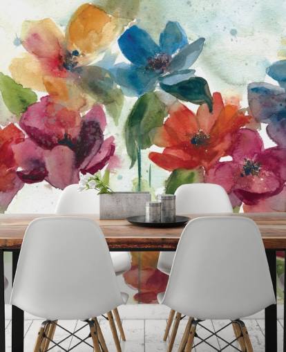 papier peint mural floral personnalisable rouge, orange et bleu appelé Flower Dance par Carol Robinson pour le salon